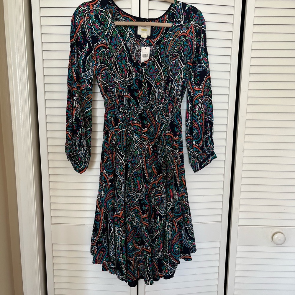 NEVER WORN W/TAG ANTHRO XS DRESS, wht ,blue,pink,orange,pink. Navy lining